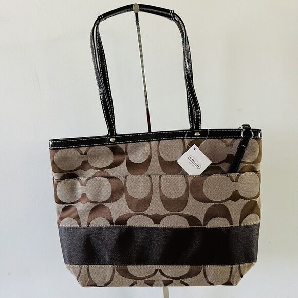 COACH Khaki Mahogany Signature Stripe Jacquard Tote Shoulder Bag - Picture 3 of 10